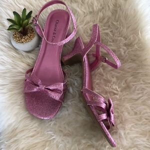 Chariot&Co PINK Sparkle BOW GLITTER 2” Kitten Heels Strappy SANDALS NWOB
